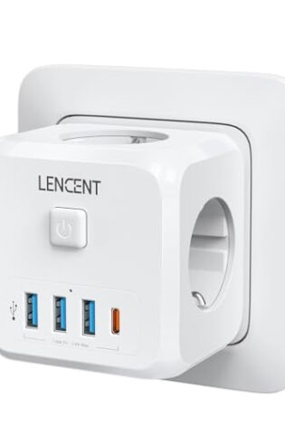 LENCENT Cubo Enchufe USB 7 en 1, Ladron Enchufes 4000W, Cubo Enchufes Múltiples Pared con 3 Tomas de CA, 3 USB, 1 Tipo C y Interruptor, Cargador USB para Oficina, Cocina y Habitación