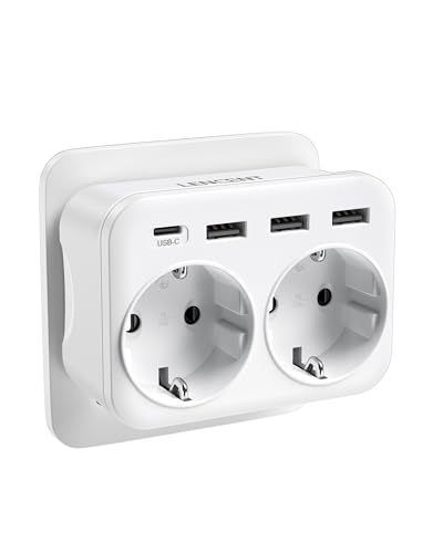 LENCENT Ladron Enchufe 4000W, 6 en 1, 2 Tomas de CA, 3 USB y 1 Tipo C, Multiple Pared, Cargador de Móvil, Adecuedo Familia, Cocina y Oficina