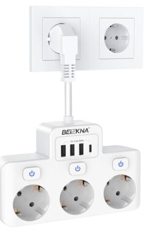 Regletas Enchufes con Interruptor, Ladron Enchufes USB C Enchufe Multiple Adaptador con 3 Tomas y 4 USB, 3 Interruptor Independiente Alargador Enchufe Pared 5cm Cable Corto, Blanco