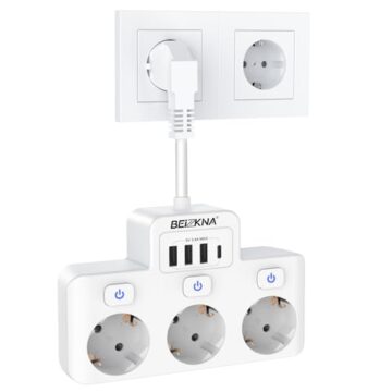 Regletas Enchufes con Interruptor, Ladron Enchufes USB C Enchufe Multiple Adaptador con 3 Tomas y 4 USB, 3 Interruptor Independiente Alargador Enchufe Pared 5cm Cable Corto, Blanco