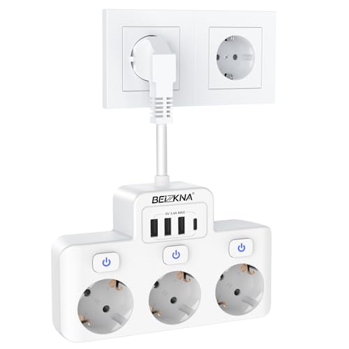 Regletas Enchufes con Interruptor, Ladron Enchufes USB C Enchufe Multiple Adaptador con 3 Tomas y 4 USB, 3 Interruptor Independiente Alargador Enchufe Pared 5cm Cable Corto, Blanco