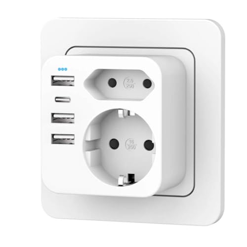 Regletas Enchufes con 4 USB(3.4A), Enchufes Múltiples con USB, Ladron Enchufes Plano de Pared para Oficina, Dormitorio, Enchufe USB C, Compatible con Teléfono