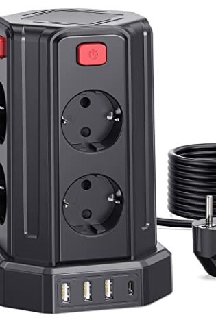 Torre Regletas Enchufes con Cable 3M, Regleta USB 8 Tomas de AC Corrientes y 4 USB, 2500W/10A, Regreltas Vertical con Interruptor para Mesa, Oficia, Casa…