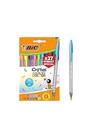 BIC Cristal Multicolour Bolígrafos Punta Ancha (1.6 mm) – Colores Surtidos, Bolsa de 20+7 Unidades, ideal para dibujos y anotaciones, Multicolor