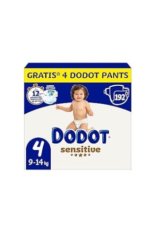Dodot Pañales Bebé Sensitive, Talla 4 (9-14 kg), 192 Pañales + 4 Pants de Regalo, Hasta 12 h De Protección Antifugas y Cuidado de la Piel, Pack Mensual