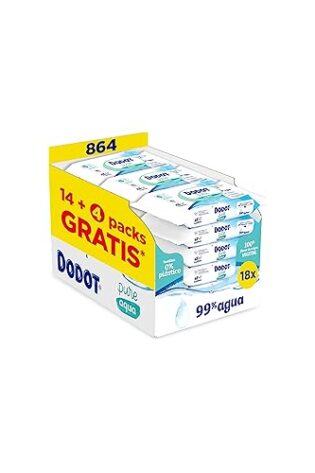 Dodot Toallitas Pure Aqua Para Bebé, 864 Toallitas (18 Packs de 48 Unidades), Ayuda A Restaurar El PH Natural De La Piel, 99% Agua, Sin plástico