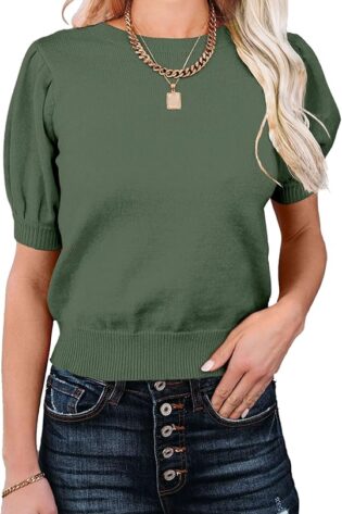 Suéter de manga corta abombada para mujer, cuello