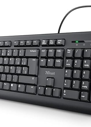 Trust Taro Teclado - Disposición QWERTY Español, Resistente a los Vertidos, Cable de 1.8m, Conexión USB, Windows, Mac, PC, Laptop, Ordenador Portátil, Negro
