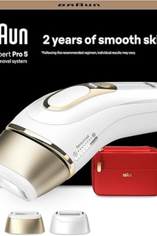 Braun Luz Pulsada Silk-expert Pro 5, Alternativa a Depiladora Laser, Eliminación Del Vello En Casa, Depiladora IPL Con Funda, Maquinilla Venus, 3 Cabezales Para Cara y Cuerpo, Blanca/Dorada, PL5262