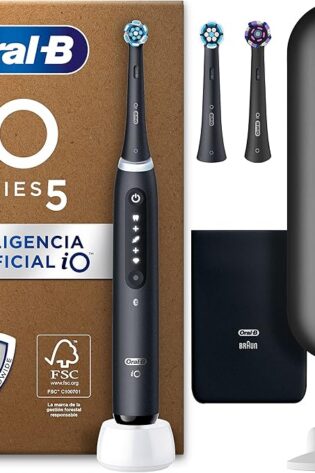 Oral-B iO 5N Cepillo de Dientes Eléctrico con Mango Recargable, 3 Cabezales y Estuche De Viaje, Diseñado por Braun - Negro , El embalaje puede variar