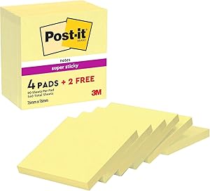 Post-it Super Sticky Notas, Canary Yellow, 76 mm x 76 mm, 90 hojas/bloc, 4