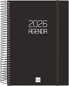 Finocam - Agenda Espiral 2026 1 Día Página | Enero - Diciembre (12 meses) | Agenda Anual 2026 con goma | Tapa de polipropileno Espiral Opaque - Negro - Español
