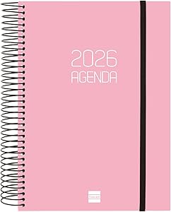 Finocam - Agenda Espiral 2026 1 Día Página | Enero - Diciembre (12 meses) | Agenda Anual 2026 con goma | Tapa de polipropileno Espiral Opaque - Rosa - Español