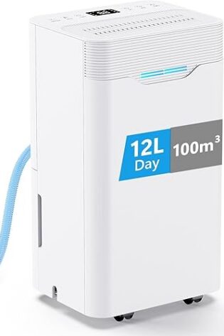 Deshumidificador 12L/Día, con 3 Modos, Temporizador de 24h, Apagado Automático, Deshumificadores de humedad para Hogar hasta 100m³, Tubo de Drenaje Drenaje Continuo, para Baños, Dormitorios, Blanco