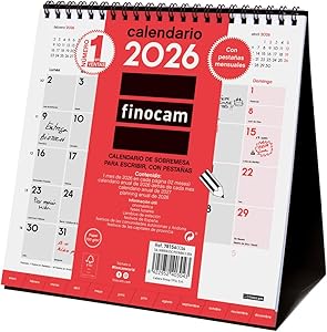 Finocam - Calendario de sobremesa para escribir 2026 con Pestañas Mes Vista