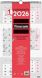 Finocam - Calendario de pared 2026 3 Meses Vista Enero - Diciembre | Calendario