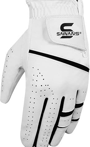 SAWANS Guante de Golf para Hombres Zurdos y Diestros Cuero Mano Izquierda/Mano Derecha Antideslizante Todas Las Estaciones Resistente a la Intemperie Día lluvioso Adecuado