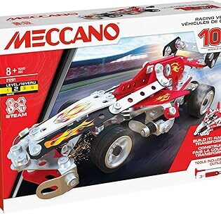 Bandai – Meccano Vehículos de Carreras 10 en 1 – Estuche de construcción, 10 Modelos – 225 Piezas, Herramientas, Instrucciones – Kit de Actividades de Montaje de Coche, avión Barco Carrera, Juguete