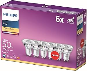 Philips - Bombilla LED cristal 50W, GU10, luz blanca cálida, transparente, no