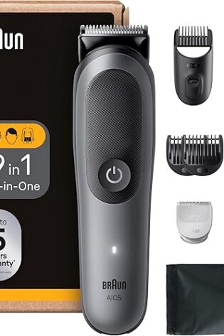 Braun Recortadora Todo En Uno Series 5, AIO5545, Kit De Styling 9en1 Para Barba, Pelo, Orejas, Nariz y Cuerpo, 120 Min, Cortapelos Hombre Con Lámina Ultra Afilada, Recorte Preciso Y Eficiente, Gris
