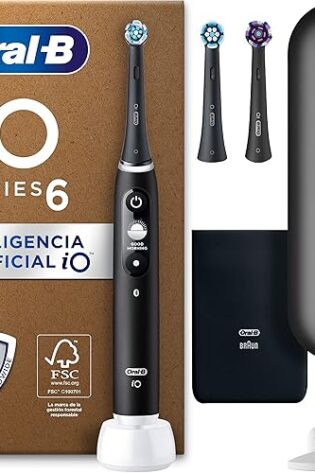 Oral-B iO 6 Cepillo De Dientes Eléctrico Negro con Mango Recargable, 3 Cabezales, 1 Estuche De Viaje, 5 Modos De Cepillado Con Blanqueamiento Dental, Sensor De Presión, Diseñado Por Braun