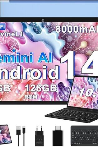 Tablet Android Tablet 10 Pulgadas, 22GB RAM + 128GB ROM (TF 1TB), 5G+2.4G Dual Band WiFi 6, Widevine L1 / 8000mAh / Octa-Core 2.0 GHz/GMS / 5MP+8MP / BT5.0 / GPS, con Teclado y Raton Azul