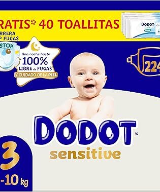 Dodot Pañales Bebé Sensitive, Talla 3 (6-10 kg), 224 Pañales + 1 Pack de 40 Toallitas Regalo de Aqua Plastic Free, Nº1 en Protección de la Piel deDodot, Pack Mensual
