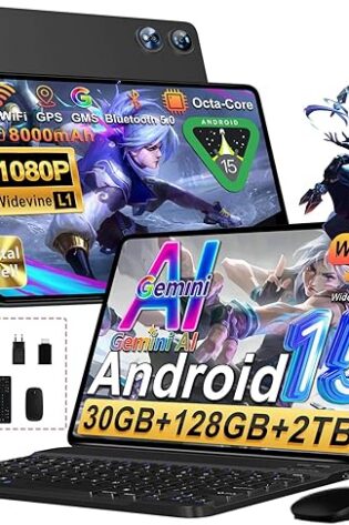 Android 15 Tablet, 128GB ROM+2TB TF, 30 RAM, 10 Pulgadas Tableta táctil con Teclado y ratón, 1280 * 800 IPS HD, Widevine L1, Gemini AI, 2.4G/5G WiFi, Octa-Core, 5+8MP, BT 5.0, 8000mAh, Metálica Negro