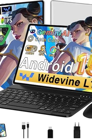 Android 15 Tablet 10 Pulgadas 30GB RAM+64GB ROM (2TB/TF), Gemini AI, Octa-Core 2.0Ghz, Standby Extra Largo, 5G WiFi, Widevine L1, 1080*800 FHD IPS, 5MP+13MP, Face ID, GMS, Tableta con teclado,Plateado