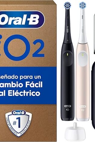 Oral-B iO 2 Pack de 2 Cepillos de Dientes Eléctricos Negro Noche y Rosa Suave, 2 Cabezales, 1 Estuche de Viaje, 1 Portarrecambios, 3 Modos De Cepillado, Sensor De Presión y Temporizador