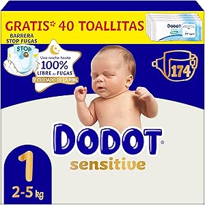 Dodot Pañales Bebé Sensitive Talla 1, 174 Pañales + 1 Pack de 40 Toallitas