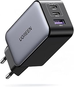 UGREEN Nexode Cargador USB C 65W, Carga Rápida con 3 Puertos, Compatible con