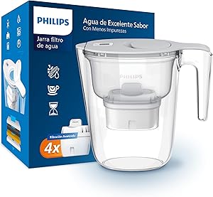 Philips Water Filtro de jarra + 4 cartuchos de filtro de repuesto, Filtración
