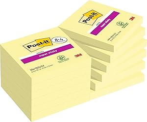 Post-it Notas Super Sticky Canary Yellow, Paquete de 8 Blocs + 4 Gratis, 90