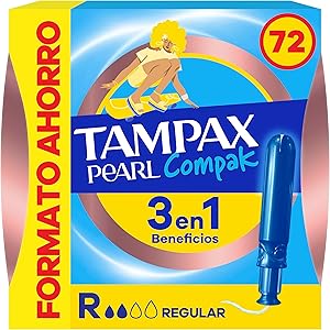 Tampax Tampones Pearl Compak Regular Con Aplicador Suave, Pack de 72, 3 en 1