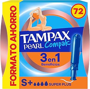 Tampax Tampones Pearl Compak Super Plus Con Aplicador Suave, Pack de 72, 3 en 1