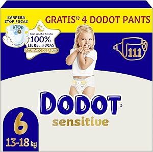 Dodot Pañales Bebé Sensitive, Talla 6, 111 Pañales + 4 Pants de Regalo, Hasta