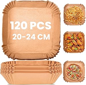 KitchenBoss 120 Piezas Papel Freidora Aire：20-24cm Papel Air Fryer Cuadrado,