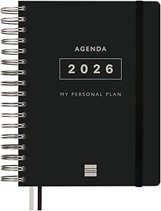 Finocam - Agenda 2026 1 Día Página | Enero - Diciembre (12 meses) | Agenda Anual 2026 con goma elástica y 2 cintas punto | Espiral Doble Tapa Dura Tempus - Negro - Español: Chollo 35% - ¡Solo 17.23€!