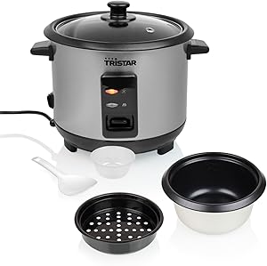 Tristar Olla Arrocera 1 L, Hasta 5 Raciones, Carcasa de Acero Inoxidable,