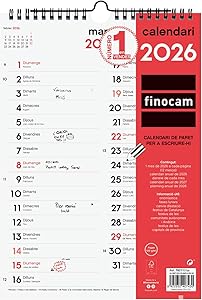 Finocam - Calendario de pared 2026 para escribir Dos Columnas Mes Vista Enero -