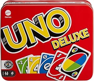 Mattel Games UNO Deluxe en Caja metálica, Juego de 108 Cartas para familias,