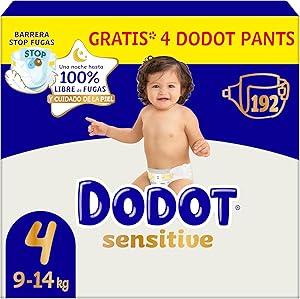 Dodot Pañales Bebé Sensitive, Talla 4, 192 Pañales + 4 Pants de Regalo, Hasta
