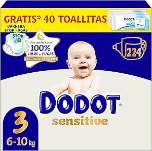 Dodot Pañales Bebé Sensitive, Talla 3, 224 Pañales + 1 Pack de 40 Toallitas