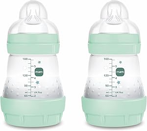 MAM Pack 2 Biberones Anticólicos, Recién Nacido, 0-2 Meses, 160ml, con Tetina 1 Flujo Lento de Fácil Aceptación, Autoesterilizable y Fácil de Limpiar, MAM Easy Start Anti-Colic, Azul Brillante, 2uds