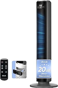 🌟 5 Razones para elegir el LEVOIT 20dB Ventilador de Torre con Mando a Distancia, 7.9m/s con Motor DC, 26W Ventilador Silencioso con Modo Reposo, 4 Modos y 12 Velocidades, Temporizador 12H, Pantalla LED, Oscilación 90°, Gris