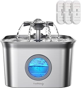 2.8L Fuente para Gatos Acero Inoxidable con 3 Filtros, FEELNEEDY Bebedero Gatos Ultra Silencioso, Filtración de Cuatro Capas, Fácil de Limpiar, Apta para Lavavajillas