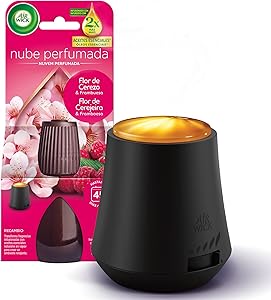 Air Wick Essential Mist, Ambientador difusor de aceites esenciales que brilla al liberar vapor, con aroma a Flor de Cerezo y Frambuesa infusionado con 2 veces más aceites esenciales