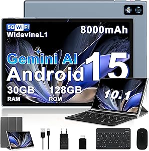 2026 último Tablet 10 Pulgadas Android 15 con Gemini AI, 30GB RAM + 128GB ROM, Octa-Core 2.0GHZ, 8000mAh, GMS, Widevine L1, GPS, OTG,5G WiFi 6 & BT 5.0,Tablet Teclado y Raton-Gris
