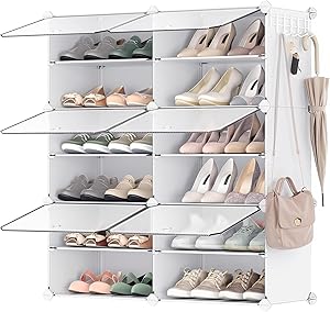 🛍️ 6 Compartimentos para 24 Pares de Zapatos, con Puertas, Estructura de Acero y Estantes de Plástico, Armario para Dormitorio, Blanco Nube y Transparente LPC033W01 1 🛍️ 6 Compartimentos para 24 Pares de Zapatos, con Puertas, Estructura de Acero y Estantes de Plástico, Armario para Dormitorio, Blanco Nube y Transparente LPC033W01